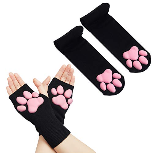 Cat Paw Oberschenkelhohe Socken Golves, niedliche weiche 3D-Zehenbohnen, Socken, Fäustlinge, Kätzchen, Krallenpolster, Socken für Mädchen und Frauen, Cosplay-Set - Schwarze Socken und kurze Handschuhe