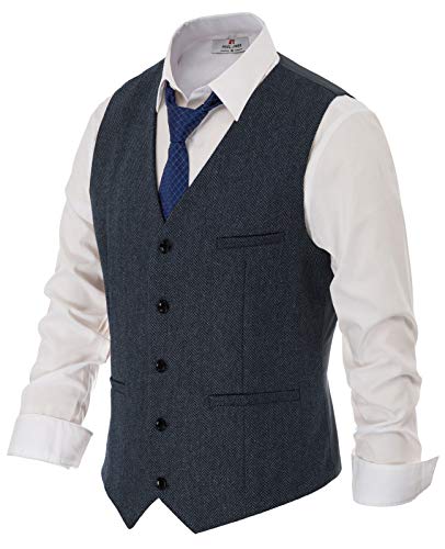 PJ PAUL JONES Men's Herringbone Tweed Suit Vest Casual Wool Blend Waistcoat - 3X-Large - Navy Blue