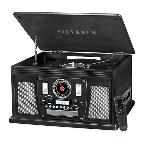Victrola 8-in-1 Bluetooth Record Player & Multimedia Center, Built-in Stereo Speakers - Turntable, Wireless Music Streaming, Real Wood | Black, 1SFA - Black