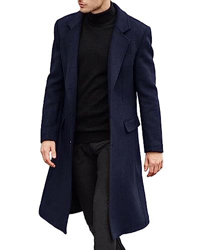 SOMTHRON Men's Casual Trench Coat Slim Fit Notched Collar Long Jacket Overcoat Single Breasted Pea Coat wih Pockets - 3X-Large - Dark Blue