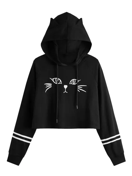 SweatyRocks Women's Long Sleeve Hoodie Crop Top Cat Print Sweatshirt - X-Large Stripe Black