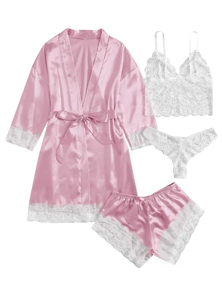 SOLY HUX Women's Satin Pajama Set 4pcs Floral Lace Trim Cami Lingerie Sleepwear with Robe