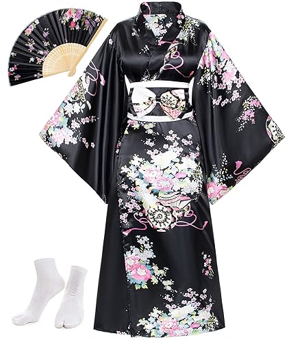 Japanese Anime Women's Kimono Robe Geisha Yukata Sweet Dress Blossom Satin Bathrobe Sleepwear Fans Tabi Socks Set - One Size - Black