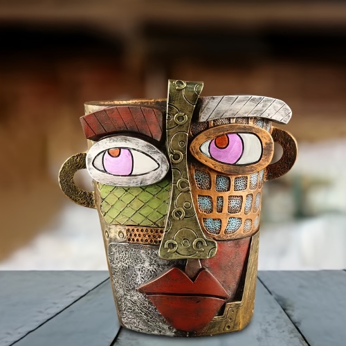 Colorful Abstract Face Art Resin Planter - Abs Material, Perfect For Succulents &amp; Office Decor