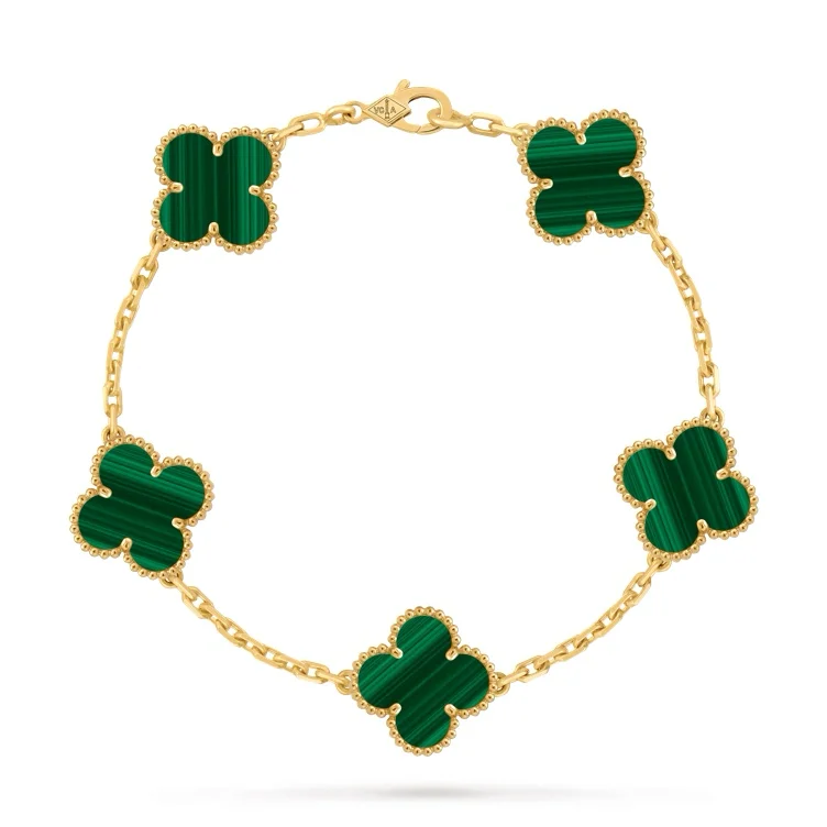 Vintage Alhambra bracelet, 5 motifs 18K yellow gold, Malachite - Van Cleef & Arpels