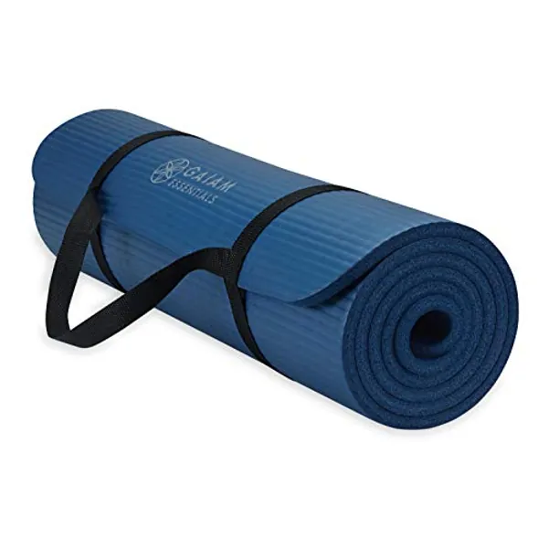 Gaiam Essentials Thick Yoga Mat Fitness & Exercise Mat with Easy-Cinch Yoga Mat Carrier Strap, 72"L x 24"W x 2/5 Inch Thick - Navy