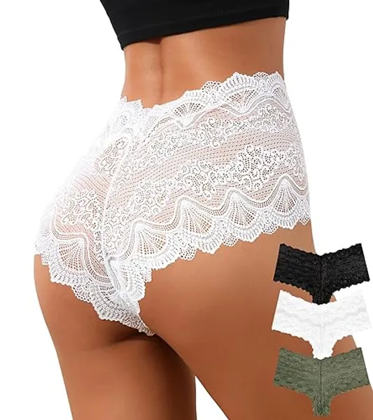 ASIMOON Sexy Women's Underwear Soft Lace Cheeky Panties Lightweight High Waist Bikini Underwear for Women 3Pack - Large - Multicolor (3 Pack)