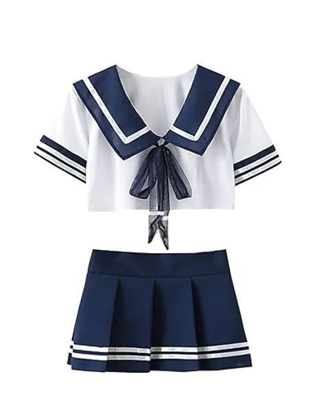 Cosplay Schoolgirl's Outfit Lingerie Set Costumes Sailor Suit with Tie Top Mini Skirt Stockings - Blue - One Size