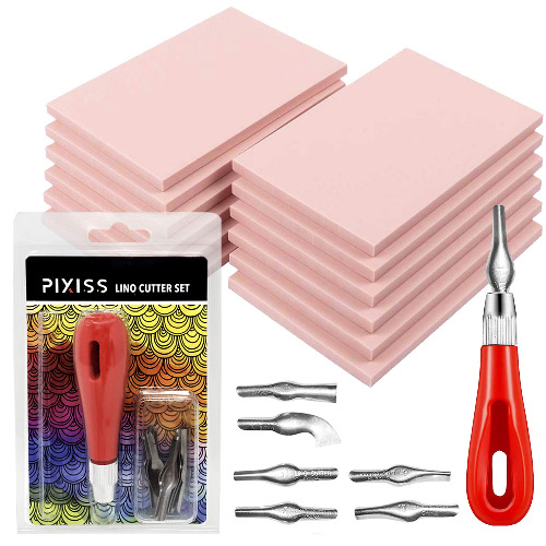 Rubber Block Stamp Carving Blocks Stamp Making Kit with Cutter Tools, 12-Pack Carving Rubber Stamps for Printmaking, Printing and More - 12 Rubber Blocks + Carving Tool