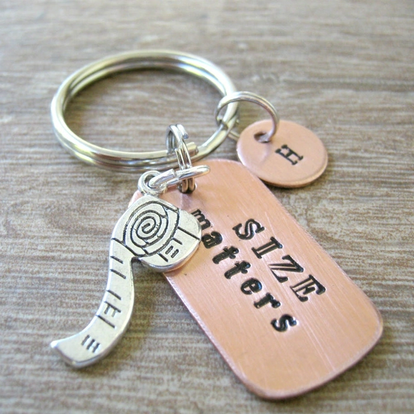 Size Matters Keychain, Size Queen Keychain, Measuring Tape charm, optional initial disc, Cuckold gift, penis size humiliation