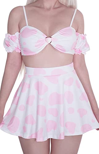 MOEFLAVOR Anime Cosplay Women’s Kawaii Cow Print Costume | Soft Spring Maid Outfit Top & Skirt Set | Reg & Plus Size - XL/2XL - Pink