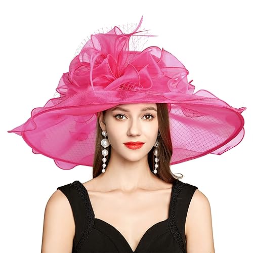 2025 Kentucky Derby Hat for Women Ladies, Organza Veil Feather Fascinator for Tea Party Church UV Protection Sun Hat - 4-5 - 2024 Rose Red