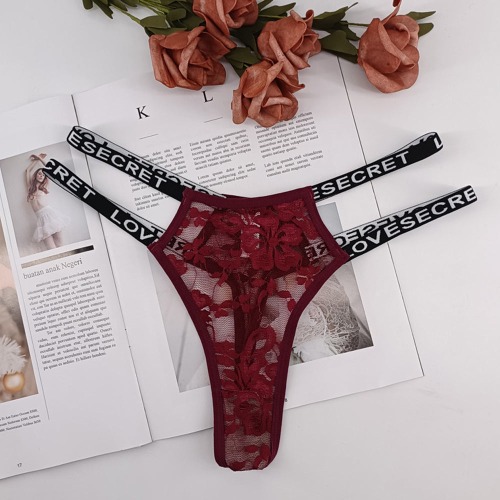 Sheer Mesh Double Strap Lace Panties - Burgundy / S