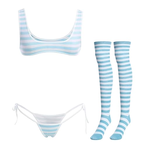 ABAFIP Women Cute Kawaii Anime Lingerie set Halter Strap Micro Bra Tiny Panty Garter Belt Striped Stockings 4Pcs Underwear - One Size - Blue - Wide Strap