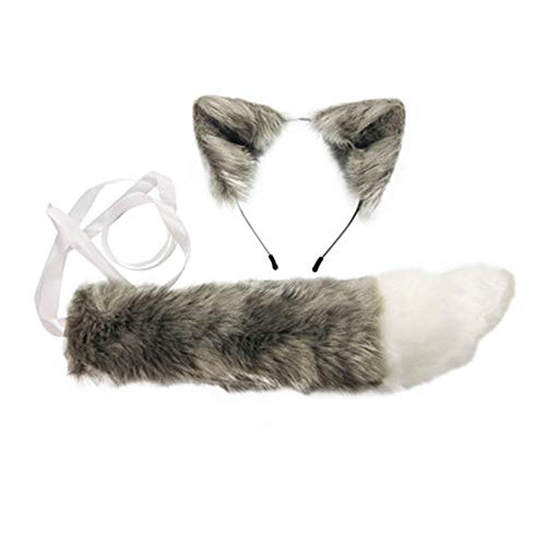 COSYEARS Handmade Fox Wolf Ears Headband and Faux Fur Tail for Halloween Cosplay Party Costume Accessories - Gray