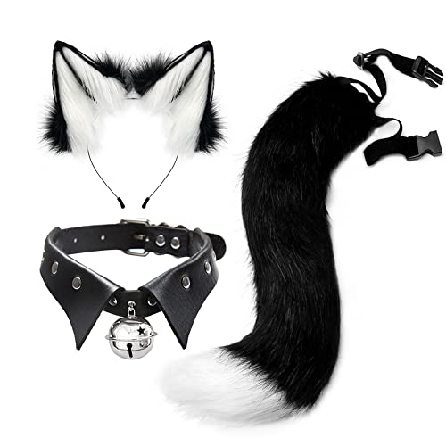 JUNBOON Faux Fur Cat Ears and Wolf Fox Tail Set Adult Kids Claw Glove Kit for Halloween Anime Cosplay Party - 1-whiteblack