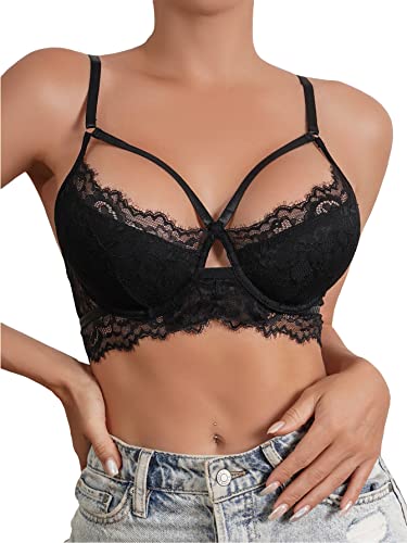 Cozyease Women's Floral Lace Harness Bra Plain Cut Out High Support Underwire Bralette - X-Large - Black