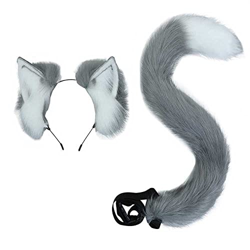 BSTANG Cat Ears Tail Fox Ears Tail Set Halloween Christmas Fancy Party Toys Gift (Cat Ear Tail Grey White) - Cat Ear Tail Grey White