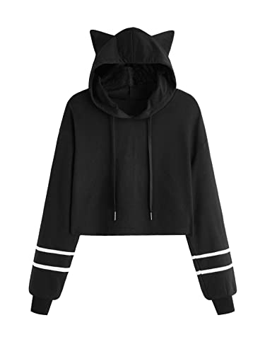 SweatyRocks Women's Long Sleeve Hoodie Crop Top Cat Print Sweatshirt - Medium - Cat Black White