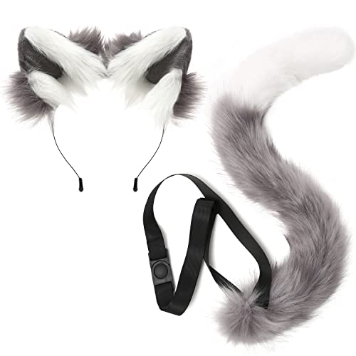 sy soul young Cat Ears and Tail set Costume fox Cosplay for women headband Halloween party furry Animal Accessory - Grey