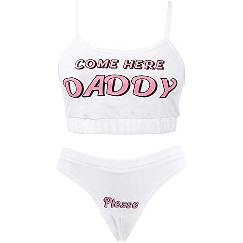 Multitrust Sexy Women Come Here Daddy Please Strappy Lingerie Set 2PCS Slutty Underwear Tank Tops and Panty Pajamas Sleepwear - Small - White