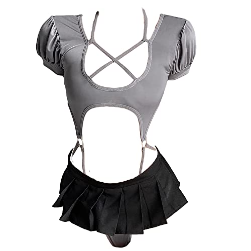 JasmyGirls Cosplay Lingerie Anime Costume Sexy Cutout Bodysuit Cute Mini Skirt Kawaii Top Lolita Underwear Japanese Swimsuit - Gray - X-Small - Medium