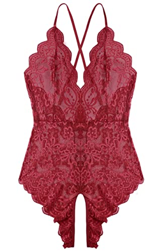 Women One Piece Lingerie Sexy Teddy Lingerie V Neck Sexy Bodysuit Lace Nightie - Small - Wine Red