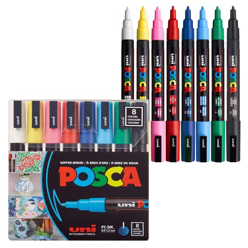 8 Posca Paint Markers, 3M Fine Posca Markers with Reversible Tips, Posca Marker Set of Acrylic Paint Pens | Posca Pens for Art Supplies, Fabric Paint, Fabric Markers, Paint Pen, Art Markers - Set of 8 - Base paints