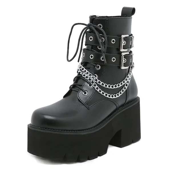 Mikarka Women's Chain Platform Boots Lace Up & Zipper Chunky Heel Black Combat Ankle Booties Fashion Studded Motorcycle Boots - 9.5 11-black