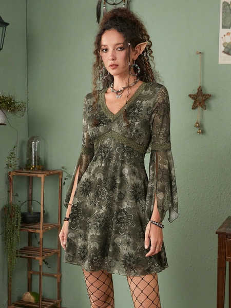 ROMWE Hippie Tie Dye Sun & Moon Print Contrast Mesh Dress