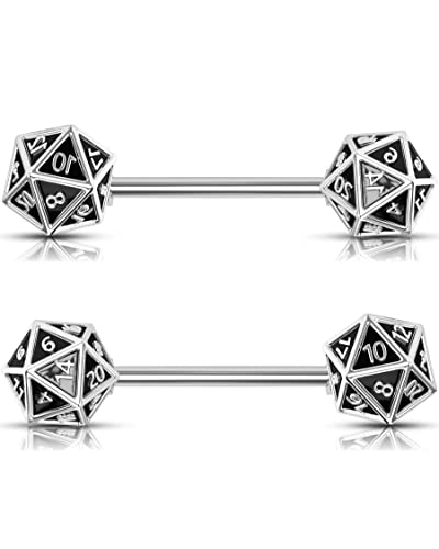 OUFER 2PCS Icosahedron Dice Nipple Rings, 14G 316L Surgical Steel Nipple Barbells, Nipple Jewelry for Women - Black