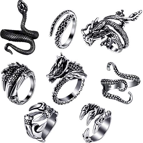 Hicarer 8 Pieces Vintage Punk Rings Dragon Snake Octopus Halloween Adjustable Ring
