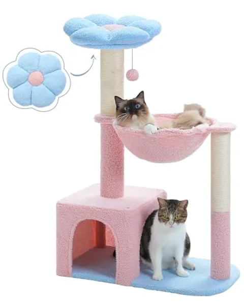 MUTTROS Flower Cat Tree with Large Metal Frame Hammock, 35" Pink Cat Tower with Sisal Scratching Posts for Small Indoor Cats, Cat Condo with Blue Top Perch for Kittens, Fluffy Ball, Pink