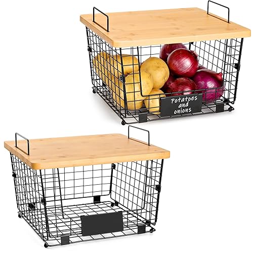 2 Set Stackable Wire Basket with Bamboo Top - Kitchen Counter, Pantry Organizer and Storage - Produce Onion Potato Fruits Vegs Bread Food Snack Spice Organizing Bin for Cabinet Shelf Countertop Floor - XXL-14.6x12.5x8.65