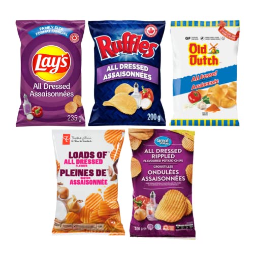 All Dressed Potato Chips Variety Pack of 5, Lays, Ruffles, Old Dutch, PC and Great Value (Shipped from Canada)