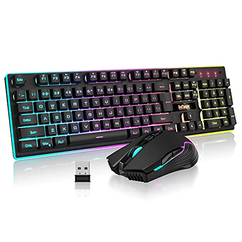 RedThunder K10 Wireless Gaming Keyboard and Mouse Combo, LED Backlit Rechargeable 3800mAh Battery, Mechanical Feel Anti-ghosting Keyboard + 7D 3200DPI Mice for PC Gamer (Black) - Black