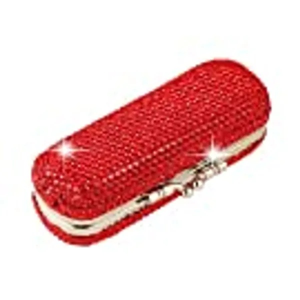 AsAlways Shiny Rhinestone Crystal Portable Lipstick Case with Mirror Portable Bling Diamonds Makeup Cosmetic Storage Holder for Travel Ladies Fashion(Red) - Red