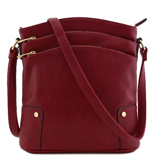 Triple Zip Pocket Large Crossbody Bag - Wine