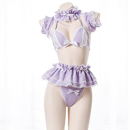 Jilneed Lolita Cute Maid Lingerie Set for Women for Sex Anime Cosplay Costume Lace Bikini Outfit - Purple - Medium