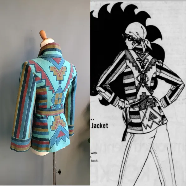 1970s folk-art striped print wool blanket coat, small size, Post Time jacket
