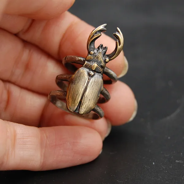 Sterling Silver and Brass Stag Beetle Insect Statement Ring -- Sizes 4 through 10 Available