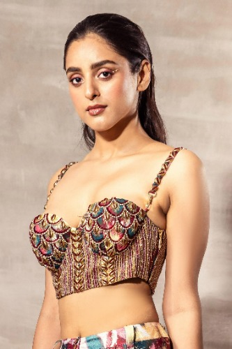 Buy Ruhr India Maroon Mulberry Silk Shell Embellished Corset Blouse Online | Aza Fashions