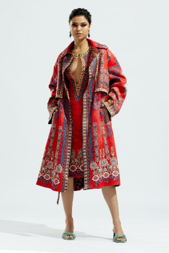 Buy Rajdeep Ranawat Red Satin Trinaa Printed Trench Coat Online | Aza Fashions
