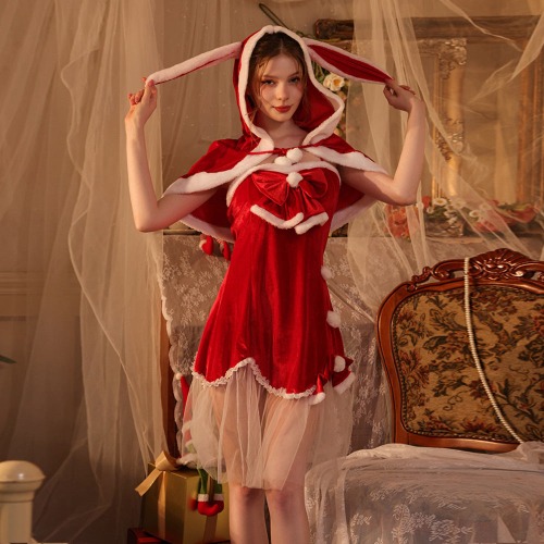 Elf Christmas Cosplay Costume: Santa Claus-inspired Red Velvet Outfit - Dress+Shawl / L