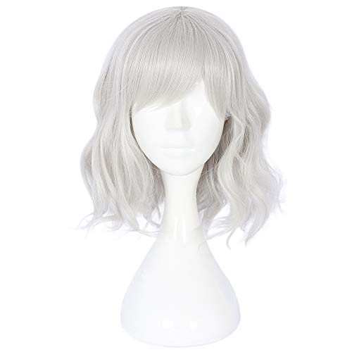 Filuckyve 14" Women Short Bob Wig with Bangs Curly Wavy Harajuku Synthetic Cute Daily Halloween Party Cosplay Hair(silver) - silver white