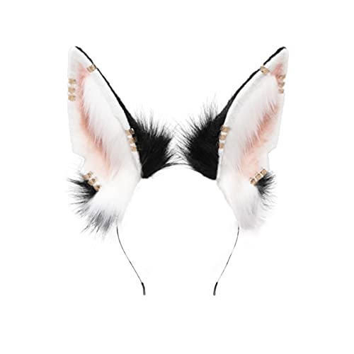 LittleLuluda Gothic Plush Furry Wolf Ears Headband Animal Cosplay Halloween Costume Accessories - Black White