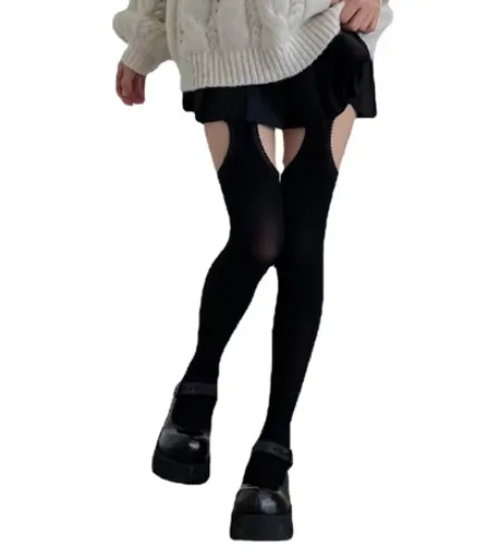  Cutout Holes Suspender Pantyhose Harajuku Kawaii Lace Trim Fake Garter Belt Stockings Cosplay Tights