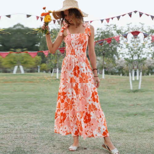 Womens Floral Self Tie Strap Tube Dress - S