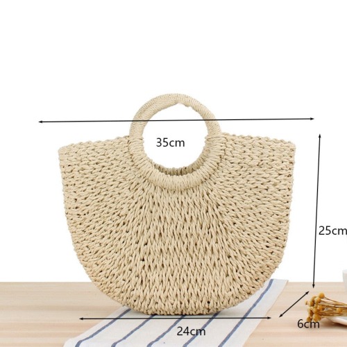 Summer Top Handle Semi Circle Straw Bag - Beige