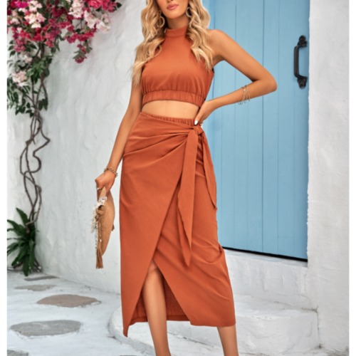 Crop Top With Wrap Style Maxi Skirt Two Piece Set - Orange / M